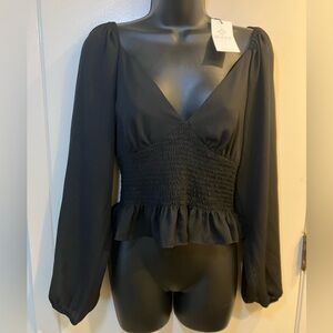 WAYF Shirt Womens Medium Black Smocked Long Sleeve Crop Top Elastic Waist NWT